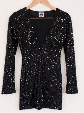 Y2K Deb Black Sequin Mini Dress Size S Deep V Neck Long Sleeve Party Club
